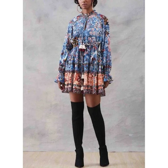 NEW Hemant & Nandita Blue Floral Mini Dress Boho Bohemian Peasant Long Sleeve M - Picture 14 of 15